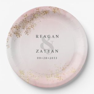 Modern Luxe Gold Flecks Blush Pink Mist Wedding Paper Plate