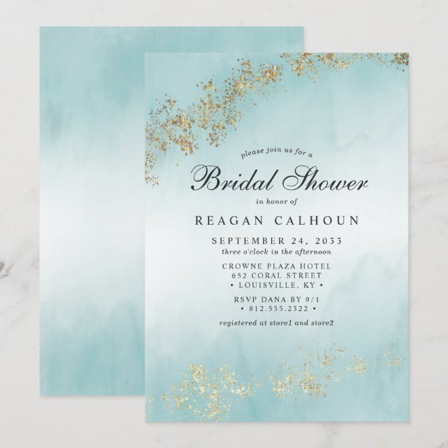 Modern Luxe Gold Flecks eal Mist Bridal Shower Invitation (Front/Back)