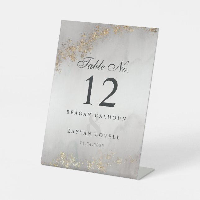 Modern Luxe Gold Flecks Grey Mist Table Number Pedestal Sign (Front)