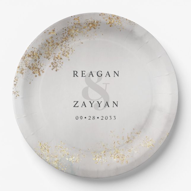 Modern Luxe Gold Flecks Grey Mist Wedding Paper Pl Plate (Front)