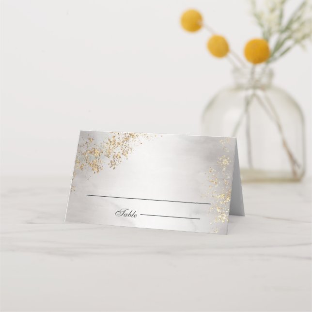 Modern Luxe Gold Flecks Grey Mist Wedding Place Card (Front)