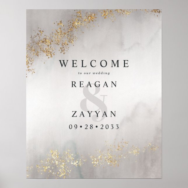 Modern Luxe Gold Flecks Grey Mist Wedding Welcome Poster (Front)