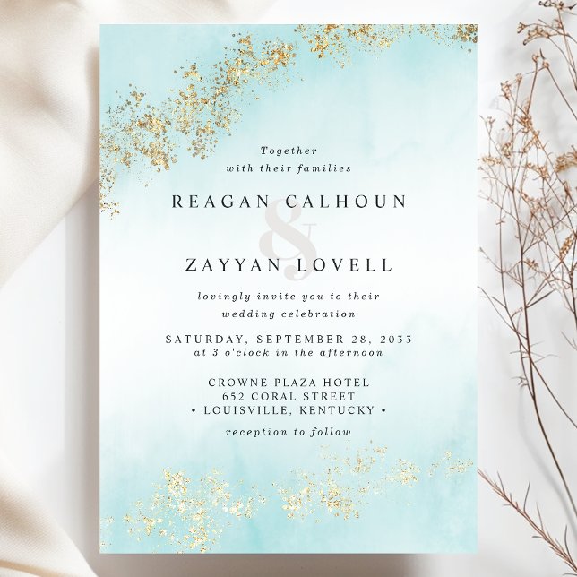 Modern Luxe Gold Flecks Teal Watercolor Wedding Invitation (Creator Uploaded)