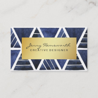 Modern Luxe Gold Geometric Watercolor Blue Business Card