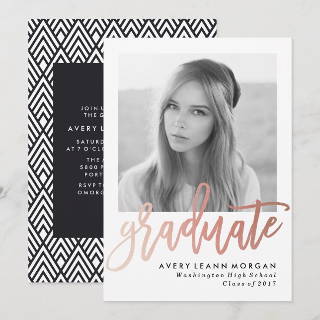 Modern Luxe Rose Gold Lettering Graduation Party Invitation (Front/Back)