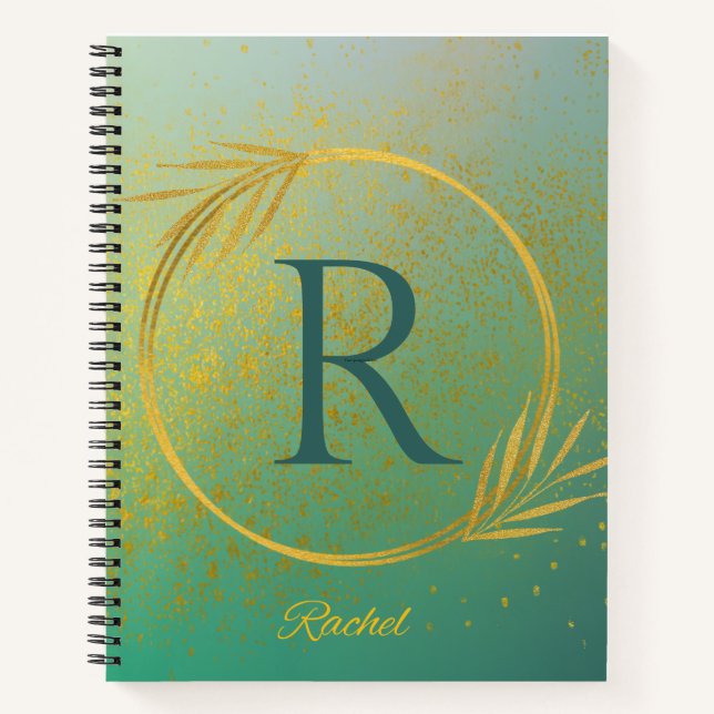 Modern Luxe Turquoise & Gold Custom Name & Initial Notebook (Front)
