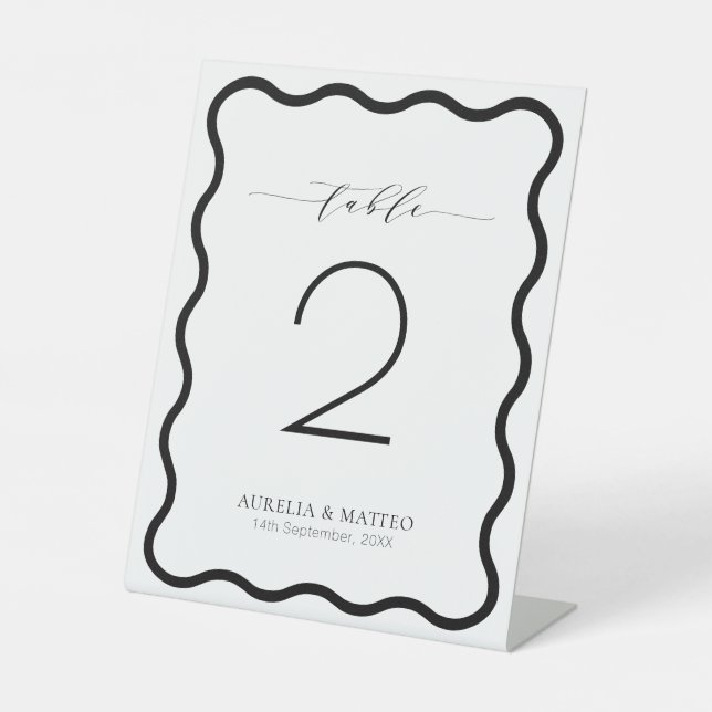 Modern Luxe Wavy Frame Black & White Table Number Pedestal Sign (Front)