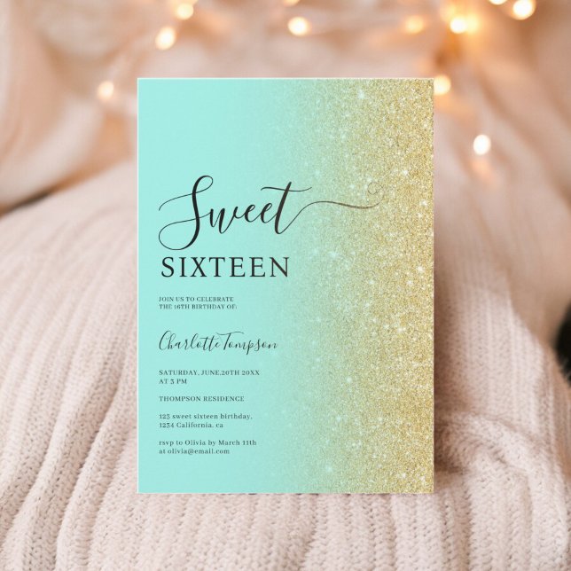 Modern Luxurious Gold Glitter Mint Sweet 16 Invitation (Modern Luxurious Gold Glitter Mint Sweet 16 Invitation)