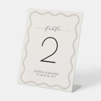 Modern Luxury Beige & Ecru Wavy Frame Table Number Pedestal Sign