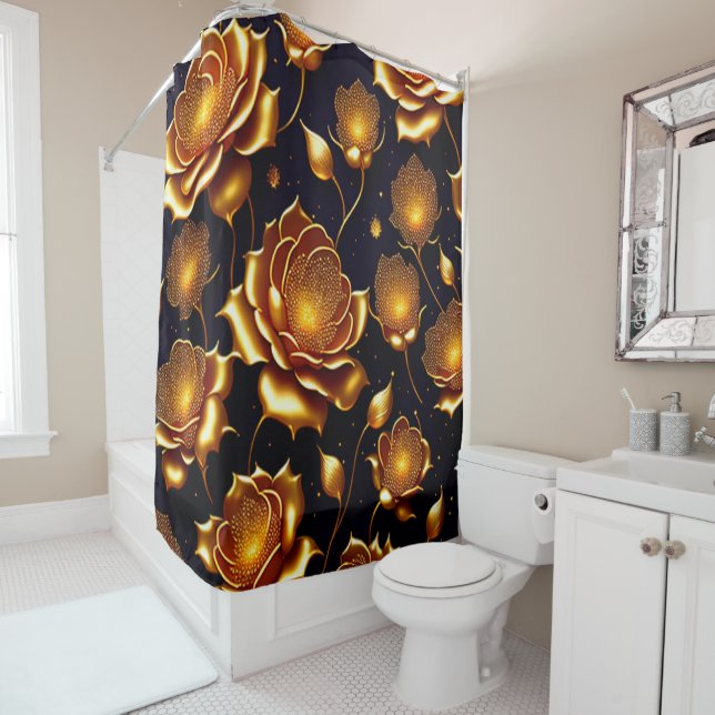 Modern Luxury Big Gold Rose Collection Shower Curtain (In Situ)