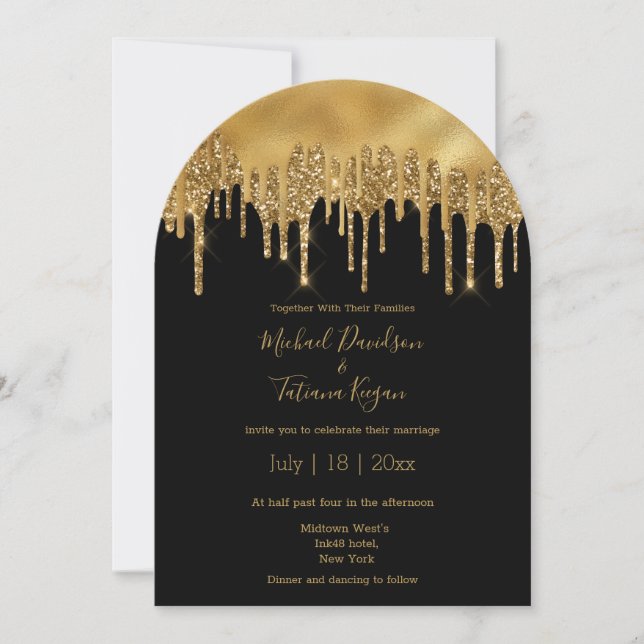 modern luxury black gold glitters wedding arch invitation (Front)