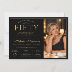 Modern Luxury Black Gold Photo 50th Birthday Invitation