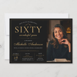 Modern Luxury Black Gold Photo 60th Birthday Invitation