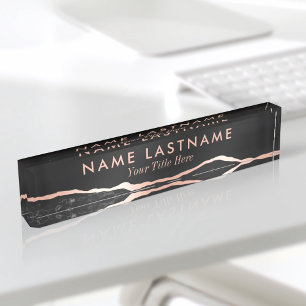 Modern Luxury Black Rose Gold Agate Marble Nameplate