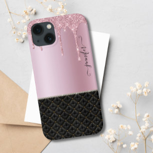 Modern Luxury Blush Pink Black Chic Glitter Drip iPhone 13 Case