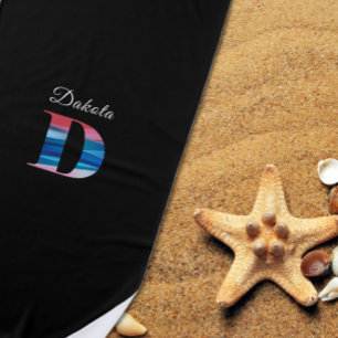 Modern luxury coral blue initial name D black Beach Towel