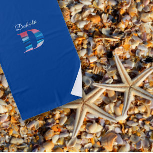 Modern luxury coral blue initial name D blue Beach Towel