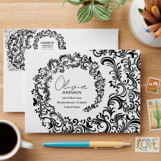 Modern Luxury Damask Black Envelope (Desk)