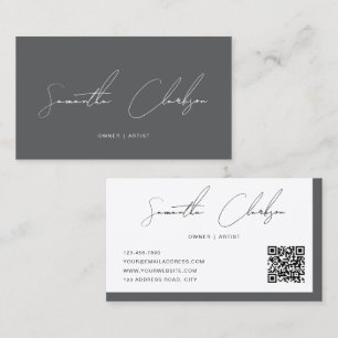 Modern Luxury Dark Gray Handwritten Script QR code Business Card