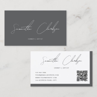 Modern Luxury Dark Grey Handwritten Script QR code Business Card
