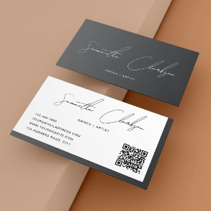 Modern Luxury Dark Grey Handwritten Script QR code Business Card