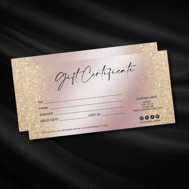 modern luxury gift card certificate add logo (rose gold and gold glitter elegant gift voucher with modern typography)