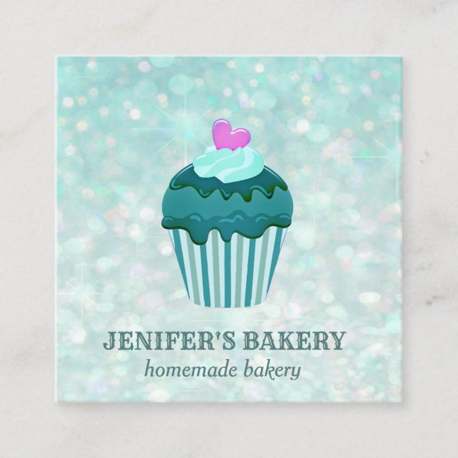 Modern luxury  glittery  cupcake homemade bakery square business card (Front)