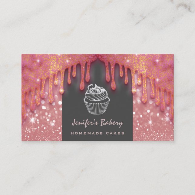 Modern luxury glittery drips cute cupcake bakery business card (Front)