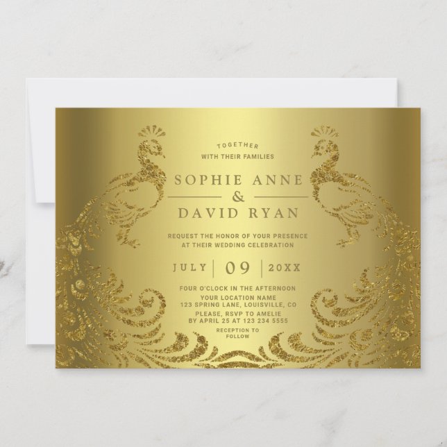 Modern Luxury Gold Abstract Peacock Wedding Invitation (Front)