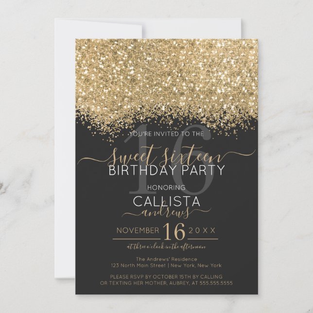 Modern Luxury Gold Black Glitter Confetti Sweet 16 Invitation (Front)