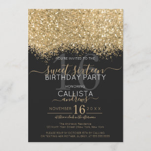 Modern Luxury Gold Black Glitter Confetti Sweet 16 Invitation