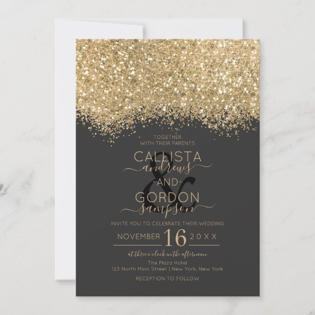 Modern Luxury Gold Black Glitter Confetti Wedding Invitation (Front)