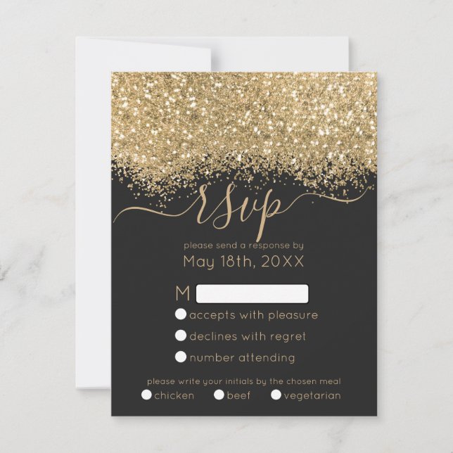 Modern Luxury Gold Black Glitter Confetti Wedding RSVP Card (Front)