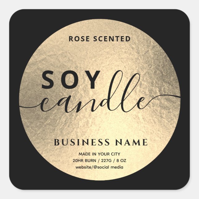 Modern Luxury gold black script soy candle  Square Sticker (Front)