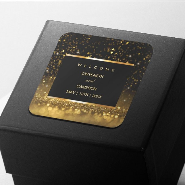 Modern Luxury Gold Black Sparkles  Square Sticker (#zazzlemade #goldensticker #weddingsticker #luxurylabel #hairstylelabel #makeupartistlabel #holiday)