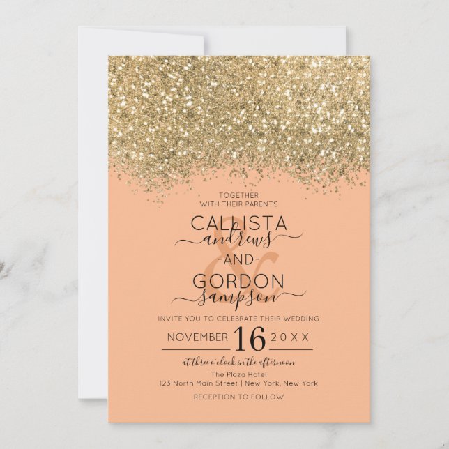 Modern Luxury Gold Coral Glitter Confetti Wedding Invitation (Front)