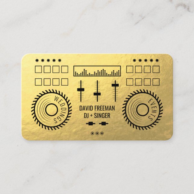 Modern luxury gold foil black dj music turntable business card (Front)