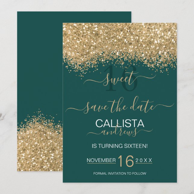 Modern Luxury Gold Green Glitter Confetti Sweet 16 Save The Date (Front/Back)