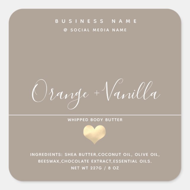 Modern luxury gold heart typography  body butter   square sticker (Front)