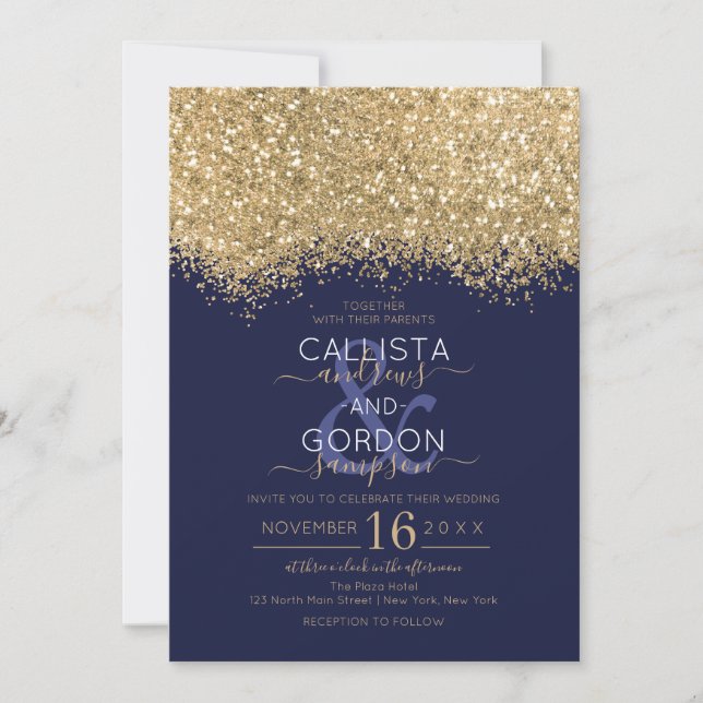 Modern Luxury Gold Navy Glitter Confetti Wedding Invitation (Front)