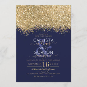 Modern Luxury Gold Navy Glitter Confetti Wedding Invitation
