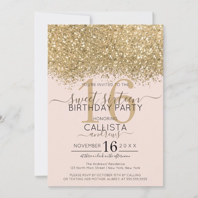 Modern Luxury Gold Pink Glitter Confetti Sweet 16 Invitation (Front)