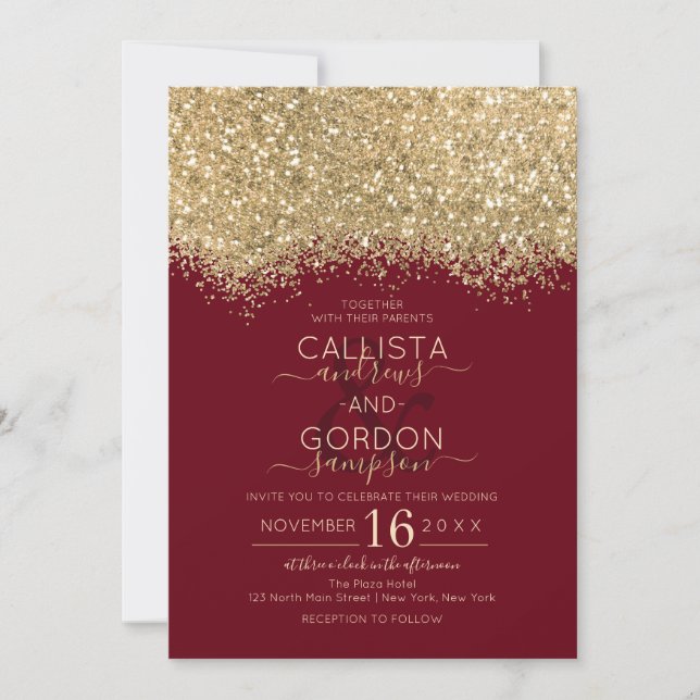 Modern Luxury Gold Red Glitter Confetti Wedding Invitation (Front)