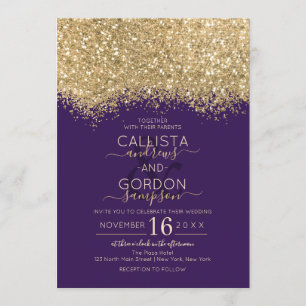 Modern Luxury Gold Violet Glitter Confetti Wedding Invitation
