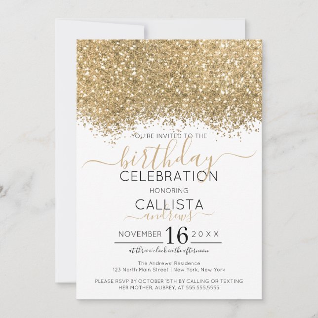 Modern Luxury Gold White Glitter Confetti Birthday Invitation (Front)