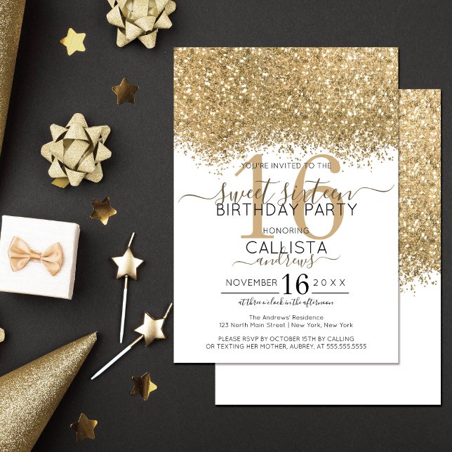 Modern Luxury Gold White Glitter Confetti Sweet 16 Invitation (Creator Uploaded)