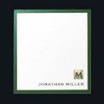 Modern Luxury Monogram Notepad<br><div class="desc">Elevate your stationery game with this monogrammed notepad featuring classic block typography and a brushed gold medallion monogram and green trim. The notepad includes space for your name or custom text, making it perfect for personal or professional use. Use it to jot down notes, ideas, and reminders in style. It...</div>