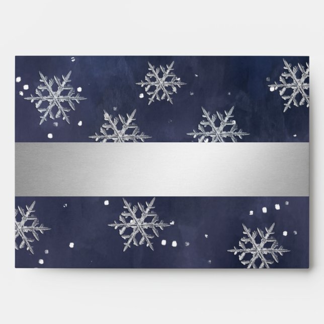 Modern luxury navy silver snowflakes Holiday Envelope (Front)