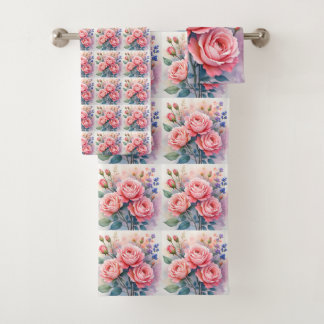Modern Luxury Pink Roses Beautiful Collection Bath Towel Set