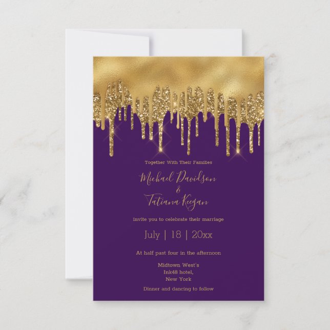 modern luxury purple gold glitters wedding invitation (Front)